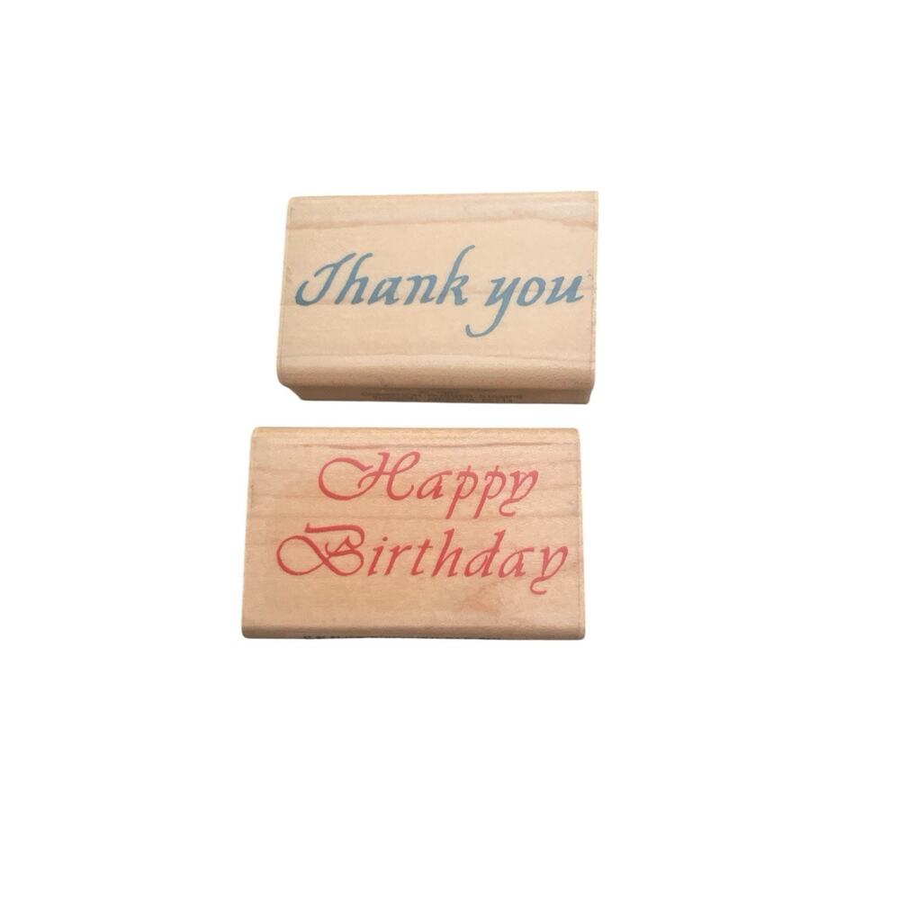 Comotion Lot Of 2 Rubber Stamp Thank You Happy Birthday Wood
